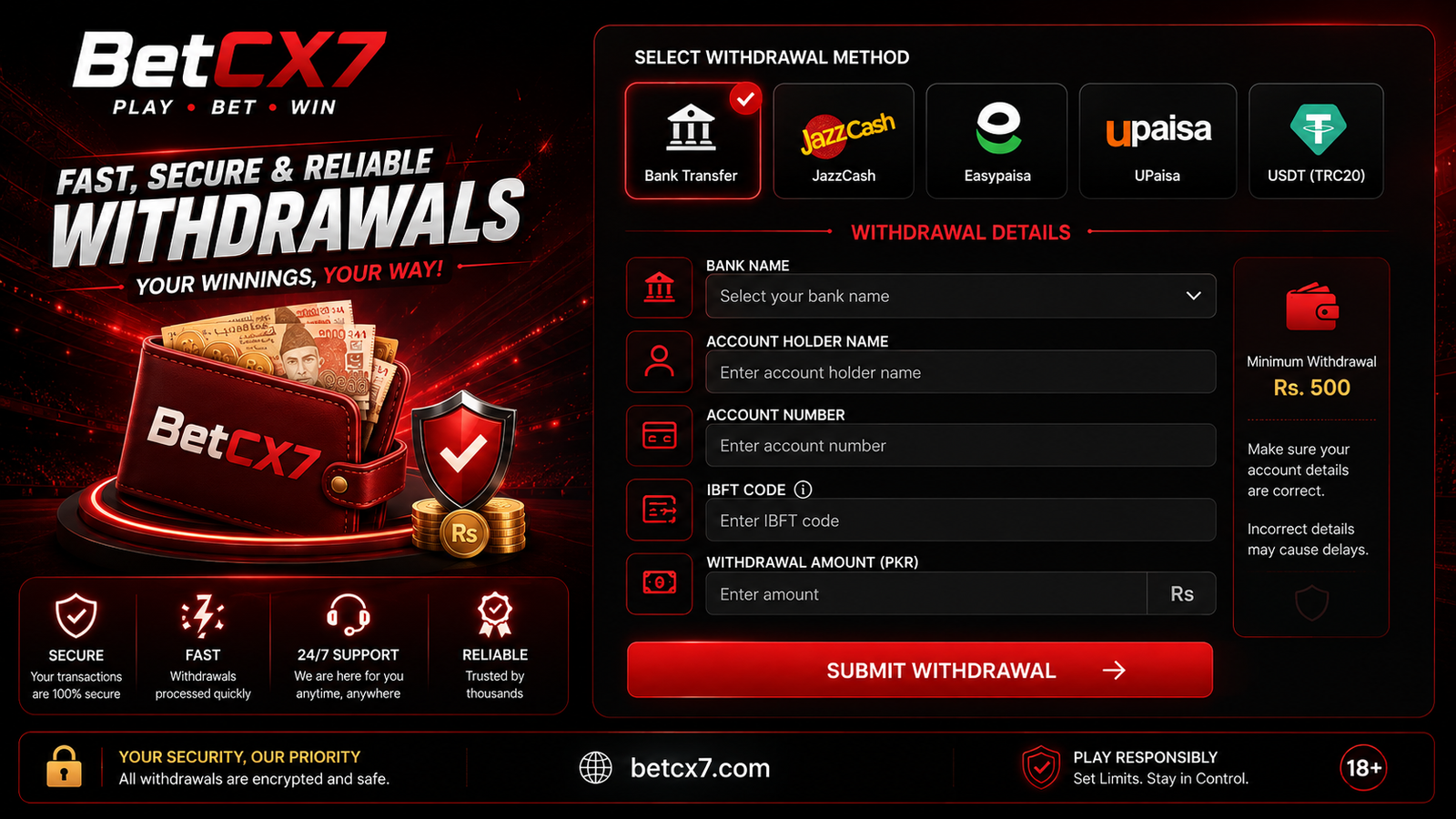 BetCX7 withdrawal interface